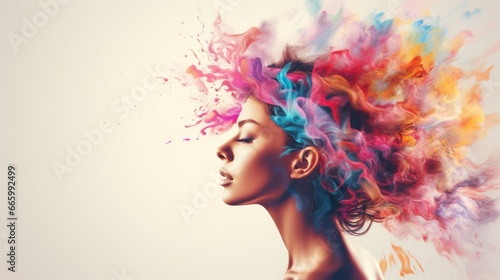 An image of a woman with a multi-colored cloud instead of hair. Creative thinking  creative ideas  brainstorming.
