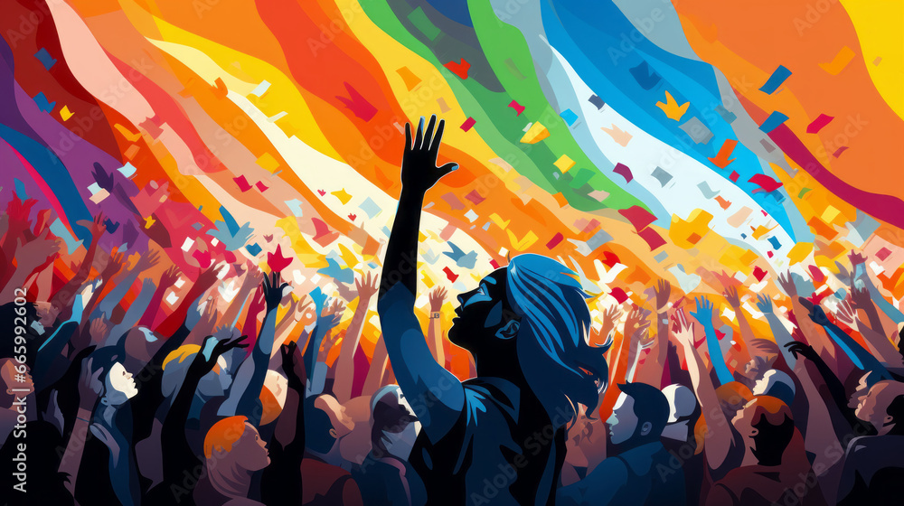 Painting of a crowd celebrating in rainbow colors, generated with ai ...