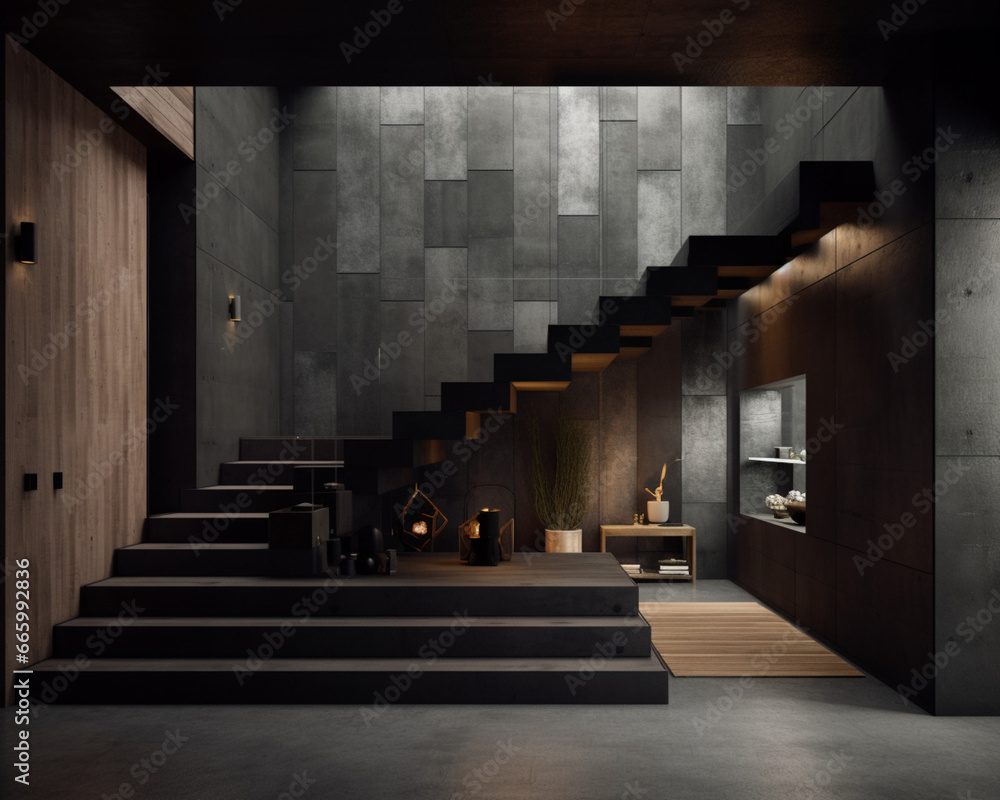 Explore the allure of an industrial staircase within a dark and dramatic interior. A blend of urban design and architectural flair. Created with generative AI tools.