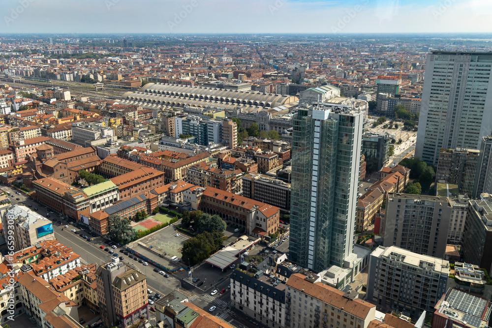 Aerial view of the city center of Milan and the Central Station