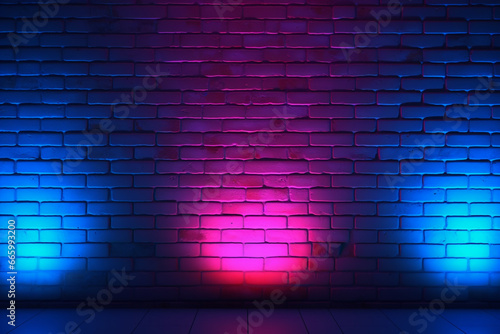 Neon light on brick walls that are not plastered background and texture. Lighting effect red and blue neon background 