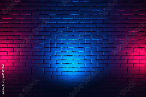 Neon light on brick walls that are not plastered background and texture. Lighting effect red and blue neon background 