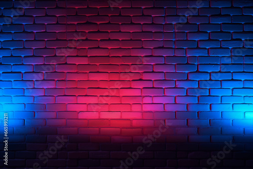 Neon light on brick walls that are not plastered background and texture. Lighting effect red and blue neon background 