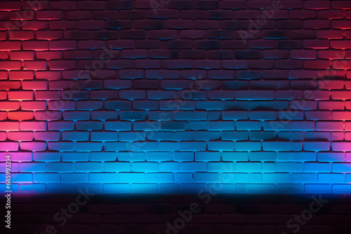 Neon light on brick walls that are not plastered background and texture. Lighting effect red and blue neon background 