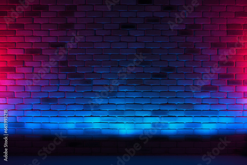 Neon light on brick walls that are not plastered background and texture. Lighting effect red and blue neon background 