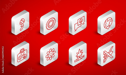 Set line No war, Sun, Speech bubble chat, The heart world - love, Marijuana joint, spliff, Psilocybin mushroom, Flower and Suitcase for travel icon. Vector