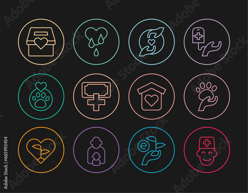 Set line Male doctor, Animal volunteer, Pleasant relationship, Donation and charity, Heart with animals footprint, Shelter for homeless and Blood donation icon. Vector