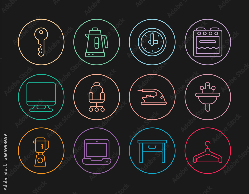 Set line Hanger wardrobe, Washbasin, Clock, Office chair, Smart Tv, House key, Electric iron and kettle icon. Vector Set line Hanger wardrobe, Washbasin, Clock, Office chair, Smart Tv, House key, Electric iron and kettle icon. Vector