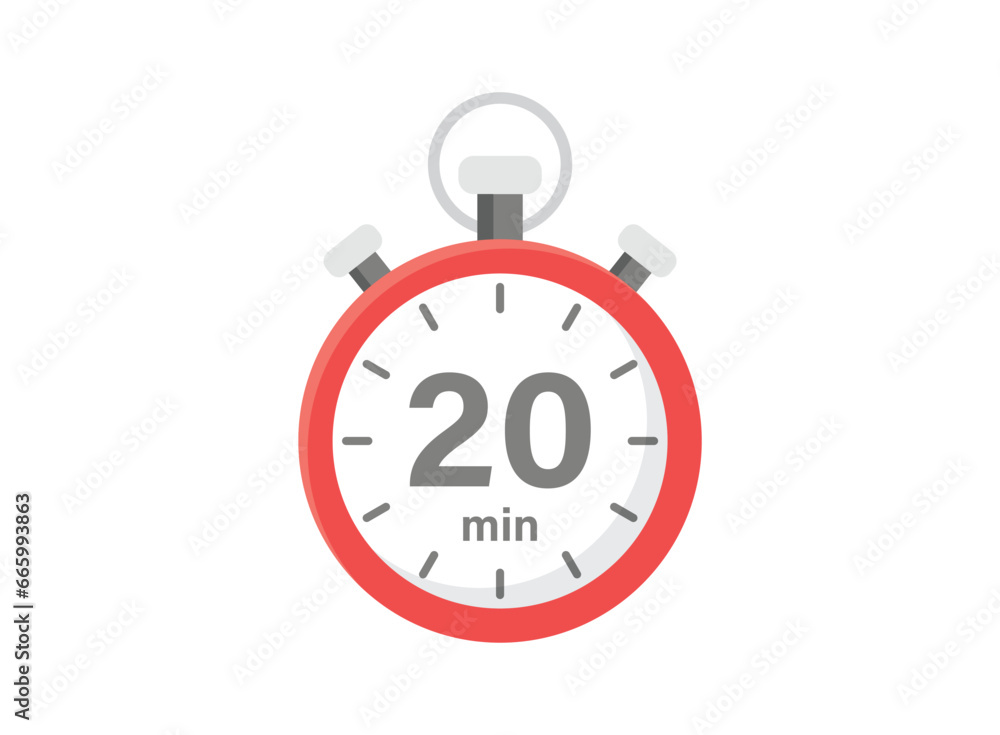 20 minutes on stopwatch icon in flat style. Clock face timer vector illustration on isolated background. Countdown sign business concept. 20 minutes on stopwatch icon in flat style. Clock face timer vector illustration on isolated background. Countdown sign business concept.