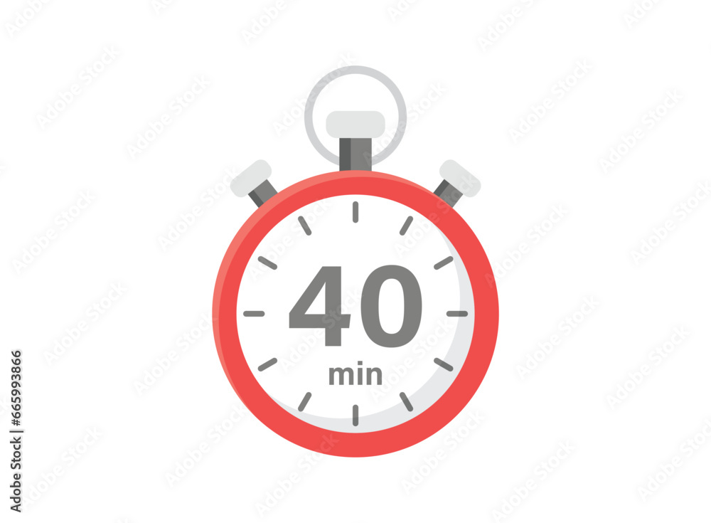 40 minutes on stopwatch icon in flat style. Clock face timer vector illustration on isolated background. Countdown sign business concept. 40 minutes on stopwatch icon in flat style. Clock face timer vector illustration on isolated background. Countdown sign business concept.