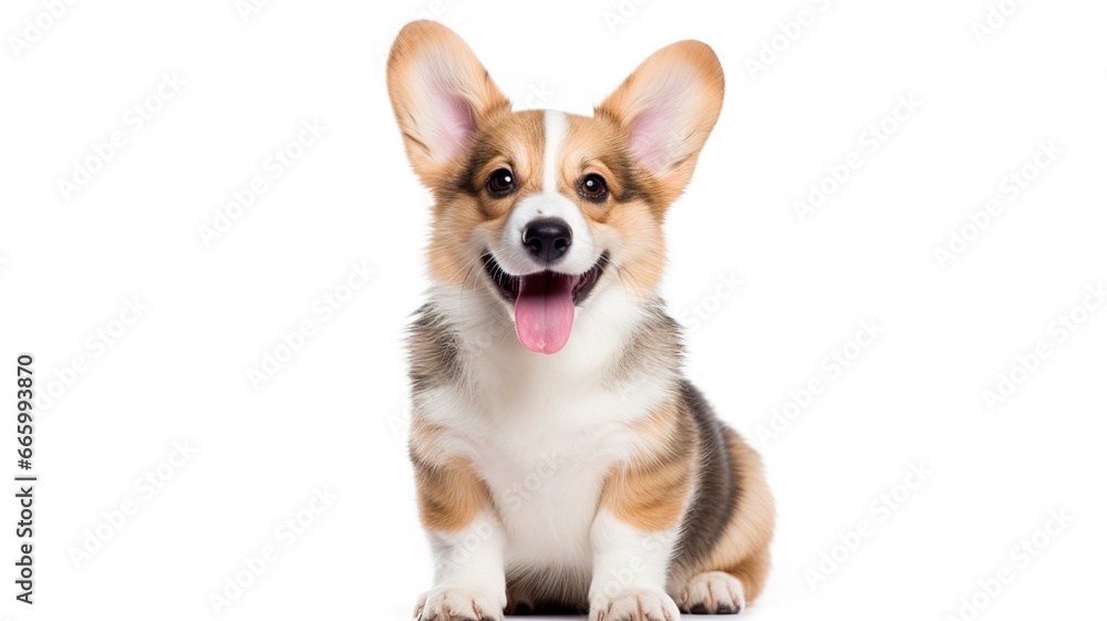 Cute happy Pembroke Welsh Corgi puppy on white background looks at the camera with copy space. AI