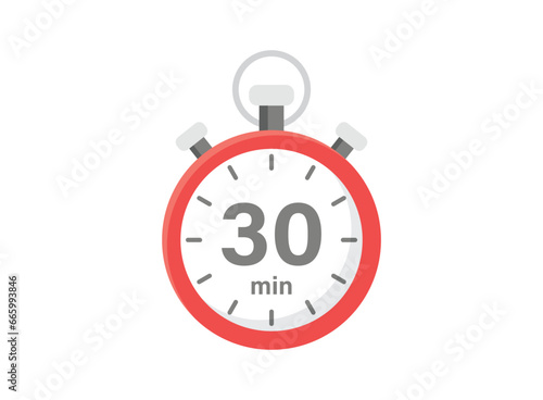 30 minutes on stopwatch icon in flat style. Clock face timer vector illustration on isolated background. Countdown sign business concept.