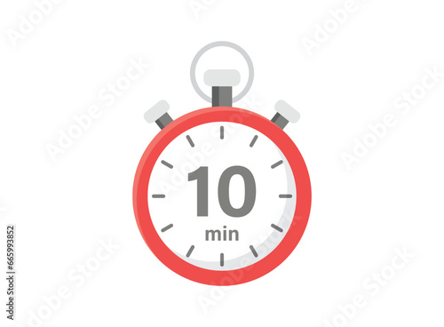 10 minutes on stopwatch icon in flat style. Clock face timer vector illustration on isolated background. Countdown sign business concept.