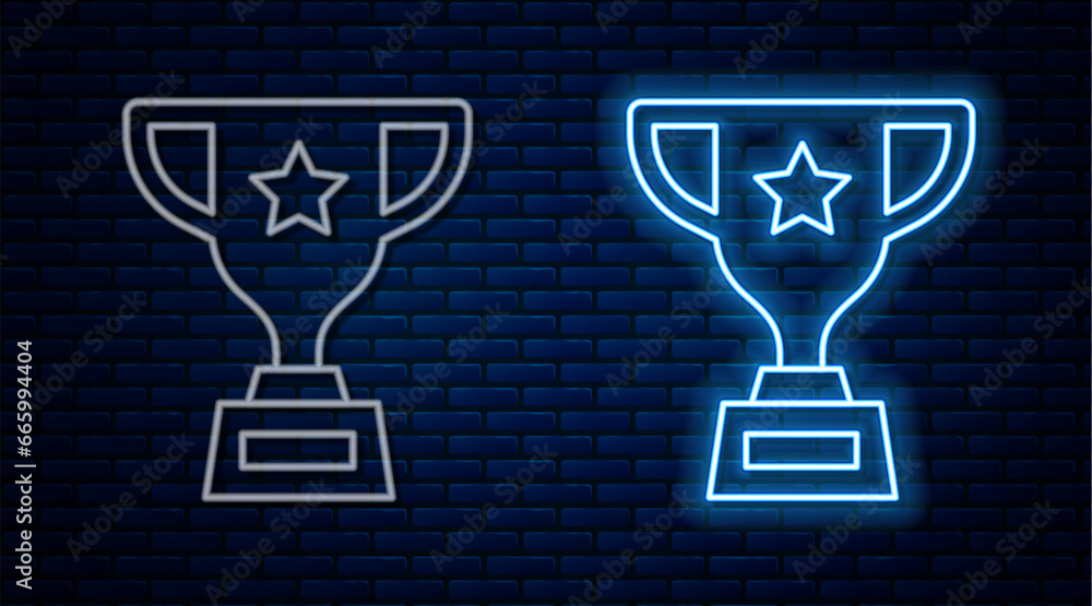 Glowing neon line Award cup icon isolated on brick wall background. Winner trophy symbol. Championship or competition trophy. Sports achievement sign. Vector Glowing neon line Award cup icon isolated on brick wall background. Winner trophy symbol. Championship or competition trophy. Sports achievement sign. Vector
