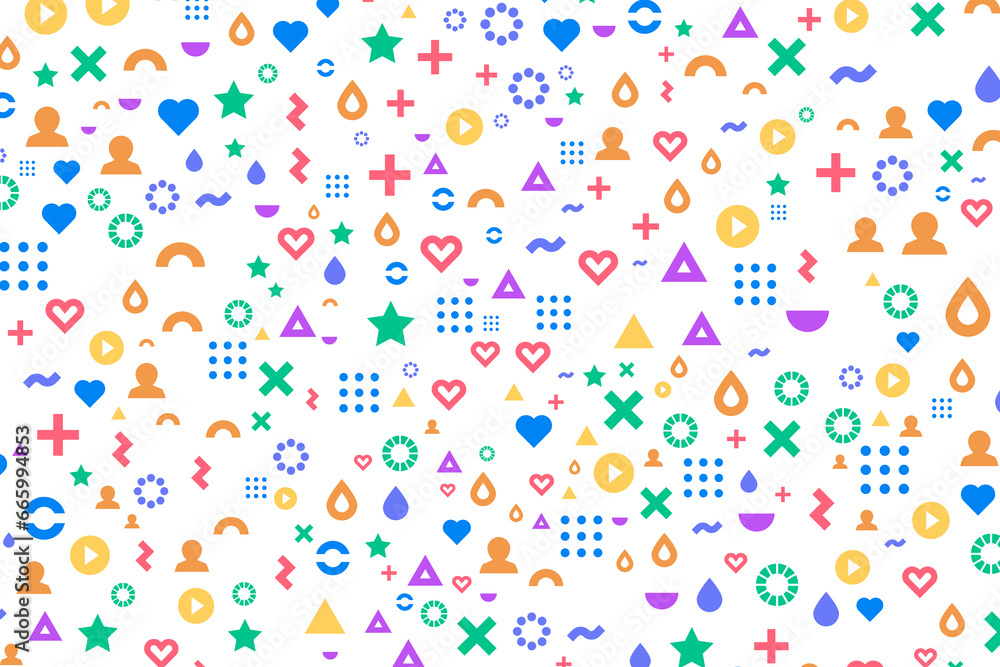 Vector abstract background frame of geometric shapes. Pattern of dots, hearts, triangles, stars, particles, molecules, fragments. Poster for technology, medicine, presentations, business.