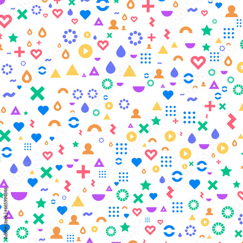 Vector abstract background frame of geometric shapes. Pattern of dots, hearts, triangles, stars, particles, molecules, fragments. Poster for technology, medicine, presentations, business.