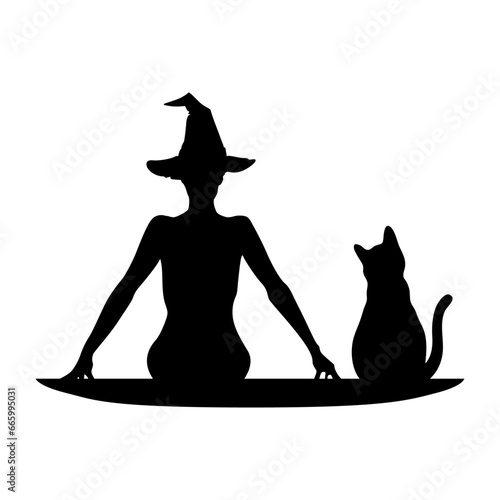 Silueta de bruja sexy desnuda con sombrero sentada con gato negro para su uso en invitaciones y tarjetas de Halloween