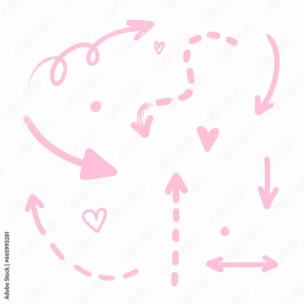 Set of arrows in pink of different shapes. Dotted arrow, rounded arrow, heart. Drawing arrows by hand. Show the direction with a hand-drawn arrow Set of arrows in pink of different shapes. Dotted arrow, rounded arrow, heart. Drawing arrows by hand. Show the direction with a hand-drawn arrow