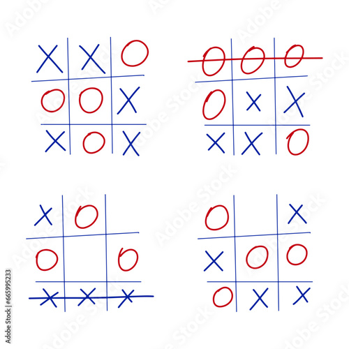 Tic-tac-toe game 4 combinations, 2 wins and 2 losses blue and red. A game of tic tac toe in a school notebook with a red and blue pen