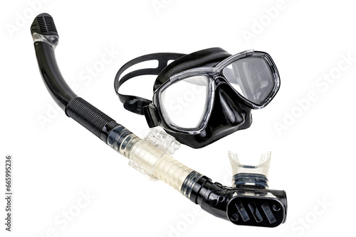 Black diving mask and snorkel on white background