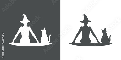 Silueta de bruja sexy desnuda con sombrero sentada con gato negro para su uso en invitaciones y tarjetas de Halloween