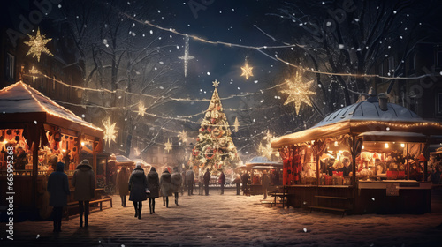 Beautiful christmas market at night with snow, generated with ai. photo