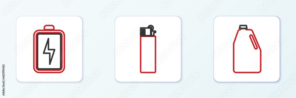 Set line Household chemicals bottle, Battery and Lighter icon. Vector Set line Household chemicals bottle, Battery and Lighter icon. Vector