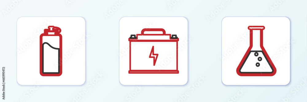 Set line Test tube and flask, Sport bottle with water and Car battery icon. Vector Set line Test tube and flask, Sport bottle with water and Car battery icon. Vector
