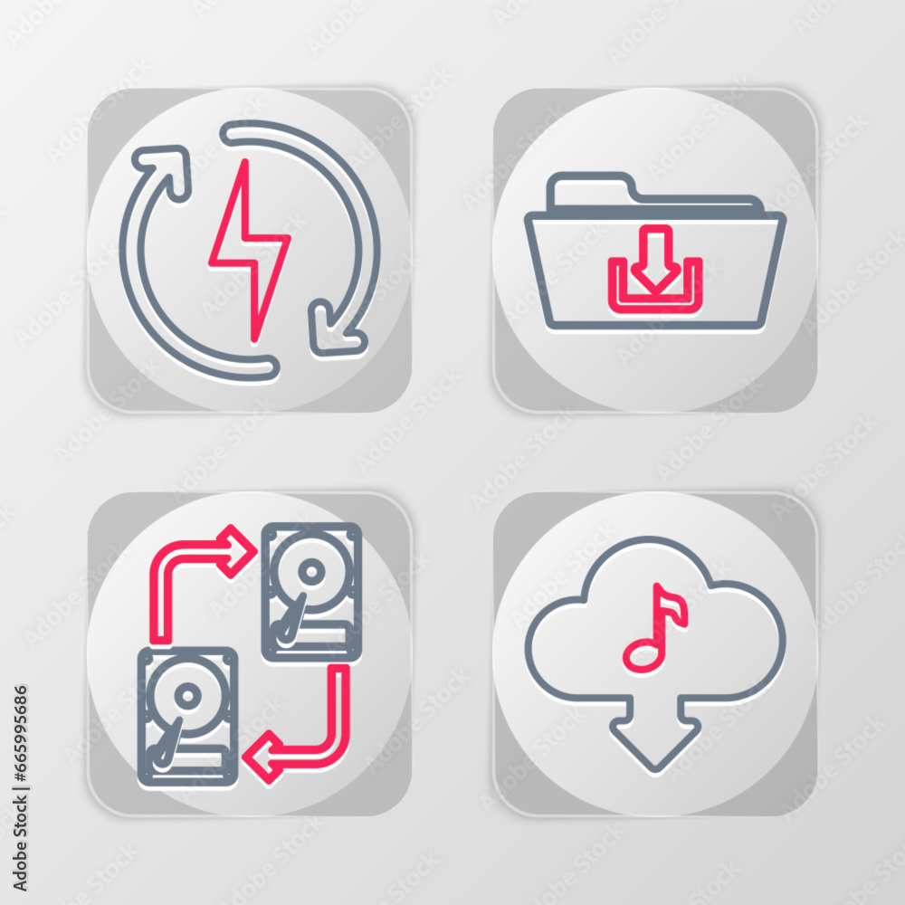 Set line Cloud download music, Data exchange with hhd, Folder and Recharging icon. Vector Set line Cloud download music, Data exchange with hhd, Folder and Recharging icon. Vector