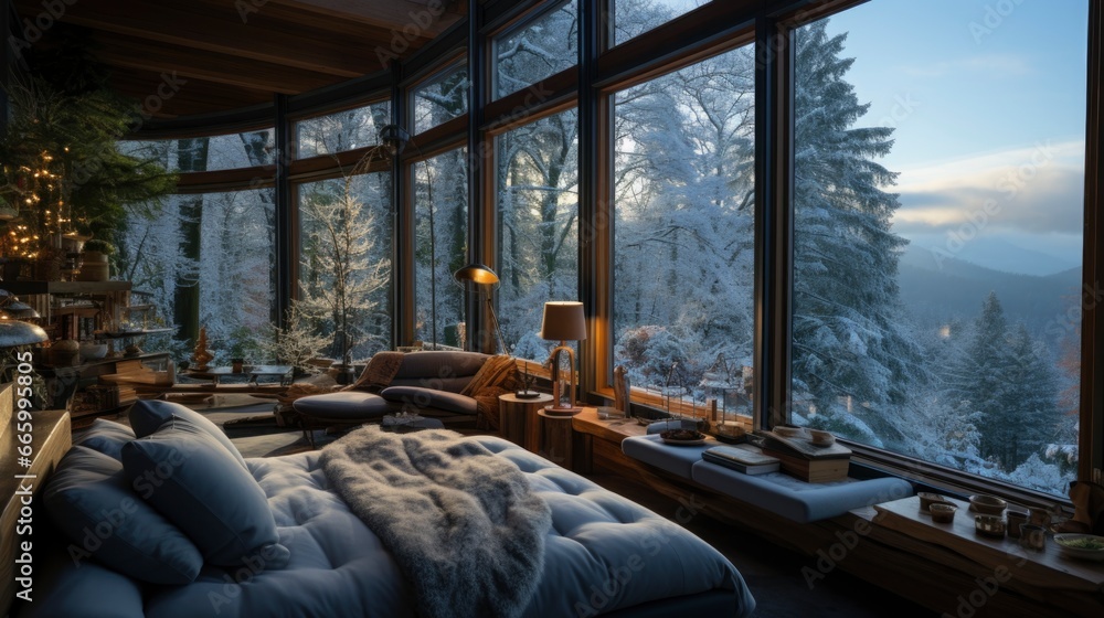 Photo of a cozy room, view from the window of the forest in winter.