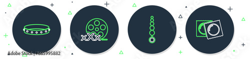 Set line Film reel with Sex, Anal beads, Leather fetish collar and Condoms in package icon. Vector