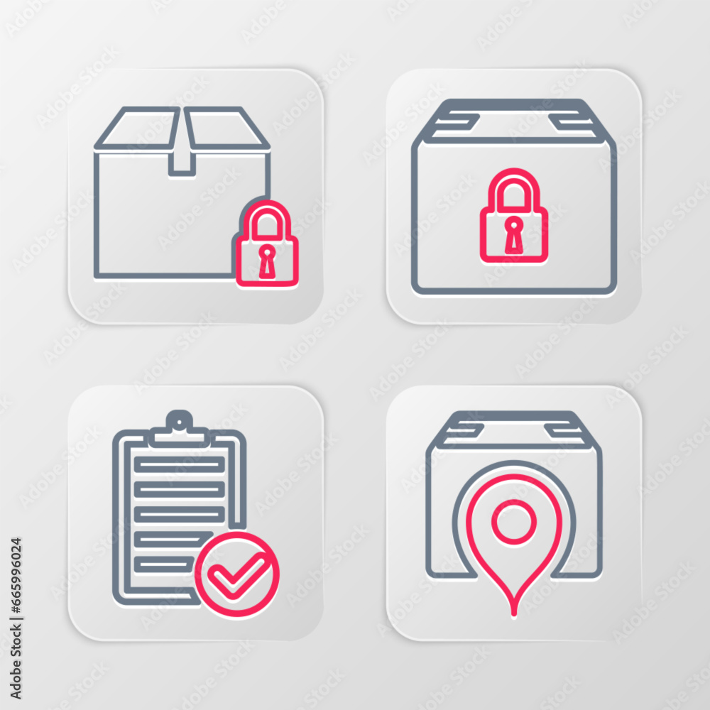 Set line Location with cardboard box, Verification of delivery list, Locked package and icon. Vector Set line Location with cardboard box, Verification of delivery list, Locked package and icon. Vector