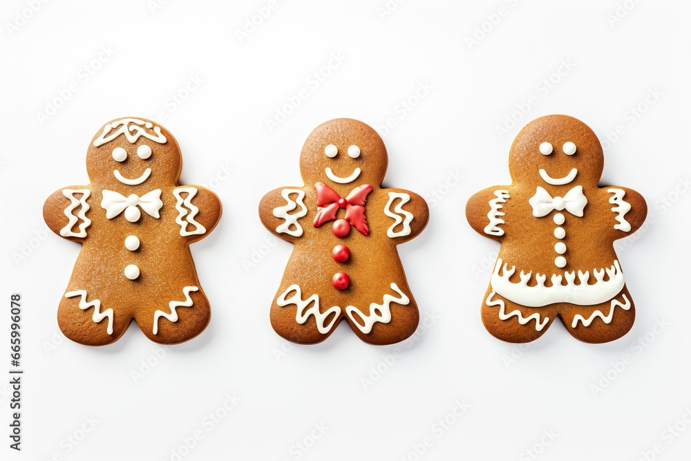 Cute Christmas cookies, snowman, Christmas tree, gingerbread cookies isolated on white background with clipping path for Christmas party holiday homemade food design decoration template