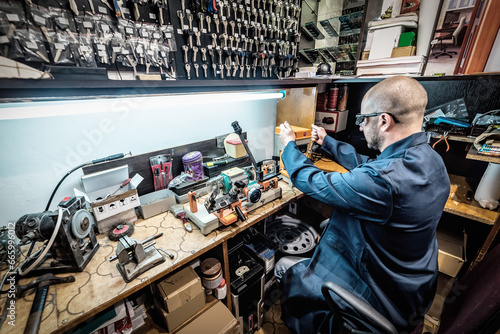 Locksmith working on key duplicating machine in workshop