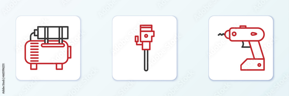 Set line Electric cordless screwdriver, Air compressor and Construction jackhammer icon. Vector Set line Electric cordless screwdriver, Air compressor and Construction jackhammer icon. Vector