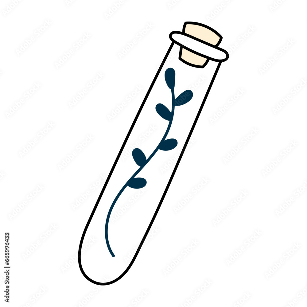 Cute doodle illustration in flat style, dried herbs in glass flask isolated on white background. Witch items, witchcraft. Cute doodle illustration in flat style, dried herbs in glass flask isolated on white background. Witch items, witchcraft.