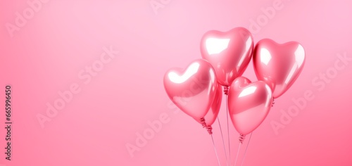 metallic pink heart shaped helium balloons on pink background. Valentine's Day or wedding party decoration. love concept. Copy space for text