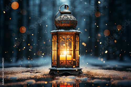 The lantern stands on the snow and autumn leaves, in the style of enchanting lighting. © Andrey