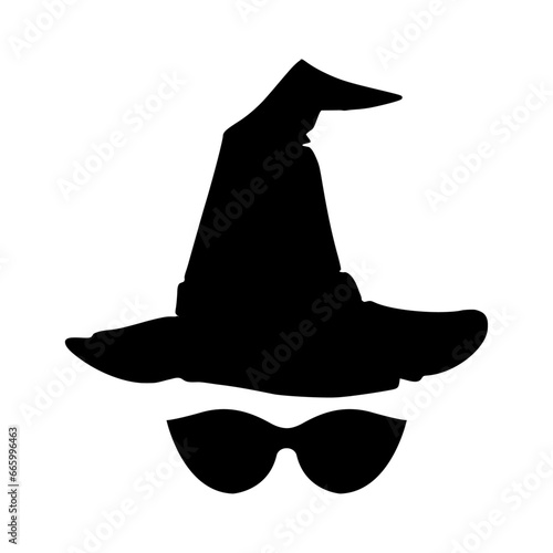 Logo con silueta de sombrero de bruja con gafas de sol para su uso en invitaciones y tarjetas de Halloween