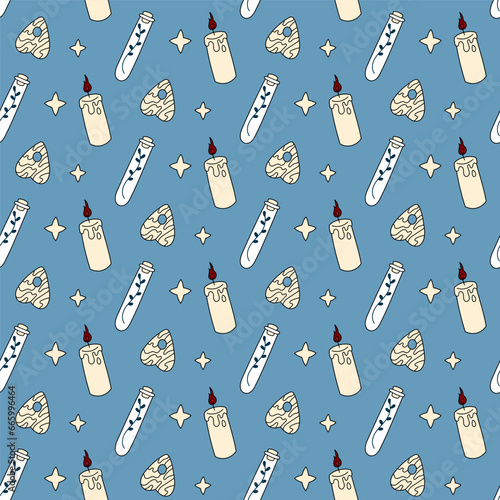 Cute doodle illustration in flat style, seamless pattern of candles, Ouija boards and dried herbs on a blue background, fortune telling. Witch items, witchcraft.