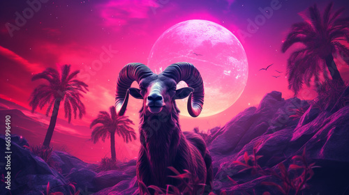 A synthwave goat in neon pink colors