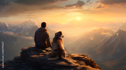 man and his dog travel sitting on a mountain top at sunset with golden sunlight