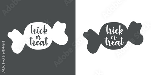 Logo Halloween candy. Texto manuscrito trick or treat en silueta caramelo para su uso en invitaciones y tarjetas