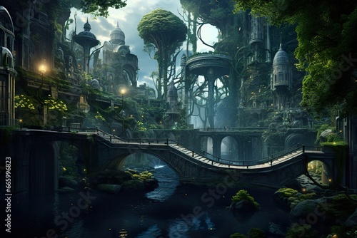 Surreal futuristic  green forest city. A sci-fi futuristic green forest city  environmental protection and the future