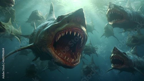 aliens that are also sharks 3D photorealistic surreal.Generative AI
