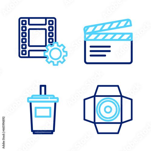 Set line Movie spotlight, Paper glass with water, clapper and Play Video icon. Vector