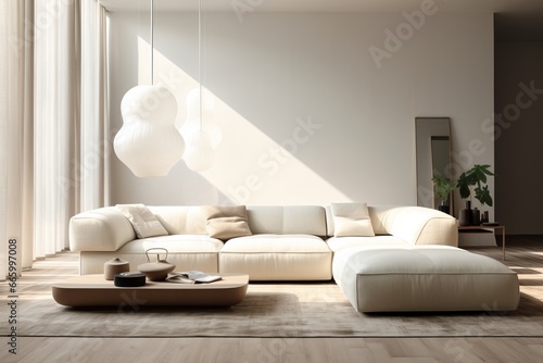 Cozy modern luxurious interior design of a living room with a white fluffy poliform sofa, tall ceiling, off-white cream colored textiles © Romana