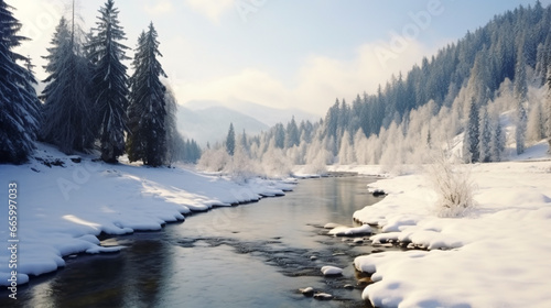 A wintry mountain river amid a snowy vista.