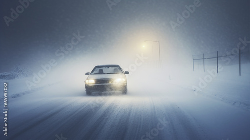 On a winter night, with the snow whipping by, a vehicle crept forward with dimmed headlights, limited by a lack of visibility. © ckybe