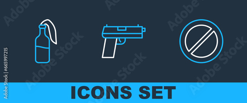 Set line Ban, Cocktail molotov and Pistol or gun icon. Vector
